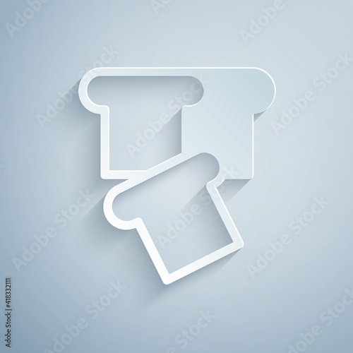 Paper cut Bread toast for sandwich piece of roasted crouton icon isolated on grey background. Lunch, dinner, breakfast snack. Paper art style. Vector.