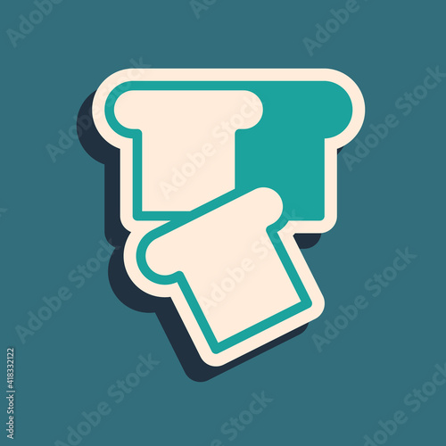 Green Bread toast for sandwich piece of roasted crouton icon isolated on green background. Lunch, dinner, breakfast snack. Long shadow style. Vector.