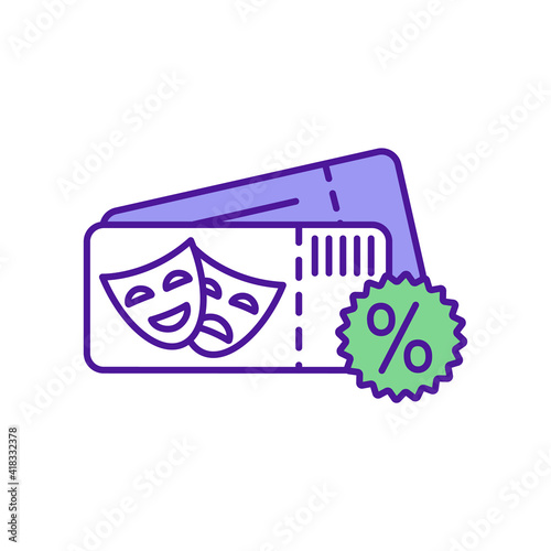 Theatrical entertainment savings RGB color icon. Movie theater. Coupons, deals. Cinematic experience. Discount on movie tickets. Cultural events. Movie-going experience. Isolated vector illustration