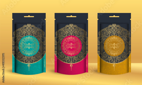 Set of tea packaging design with zip pouch bag mockup. Vector ornament template. Elegant, classic elements. Great for food, drink and other package types. Can be used for background and wallpaper.