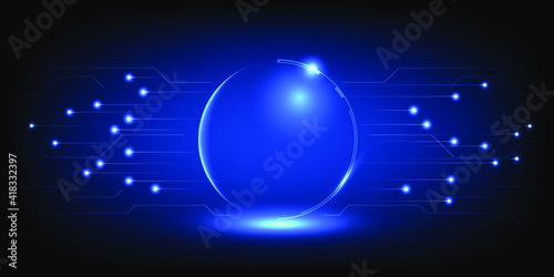 Future tech stage layout with empty dome floating central and glowing particles go through side.Vector illustrations. 