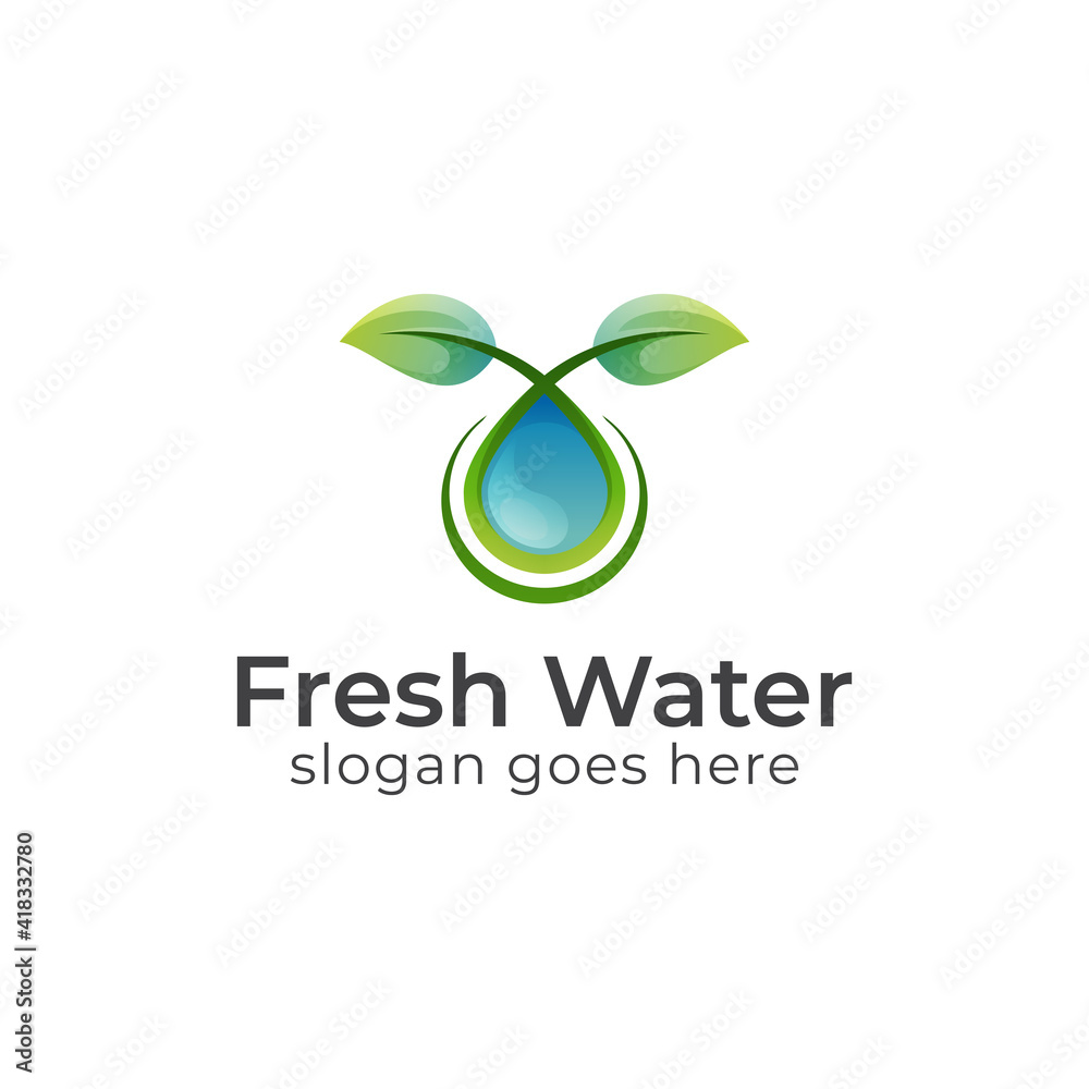 nature leaf with water drop pure logos, leaf grow with beauty oil symbol icon design