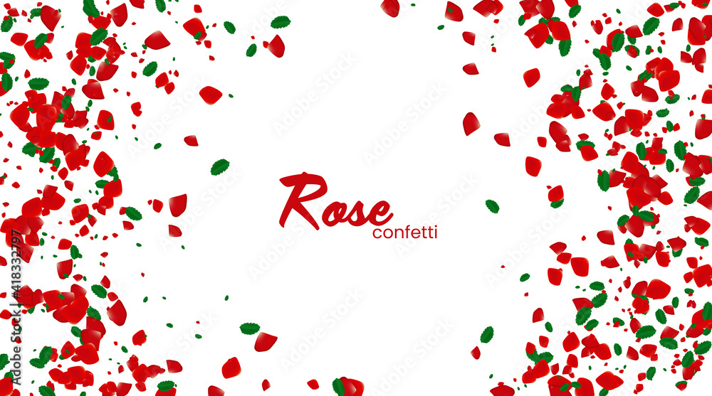 Rose confetti on white background. Ped flowers blossom. Romantic creative composition. Love concept.