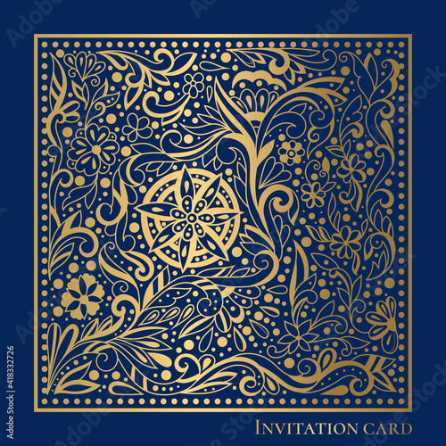 Gold vintage greeting card on a blue background. Luxury ornament template. Mandala. Great for invitation, flyer, menu, brochure, background, wallpaper, decoration, or any desired idea