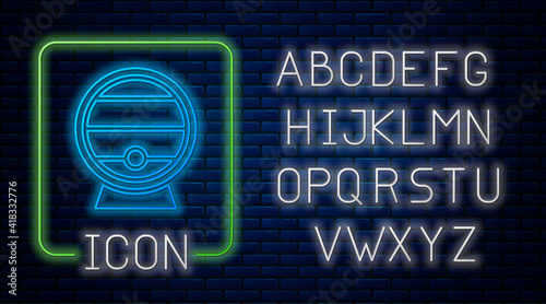 Glowing neon Wooden barrel on rack with stopcock icon isolated on brick wall background. Neon light alphabet. Vector.