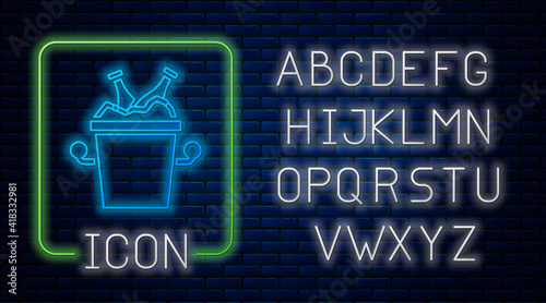 Glowing neon Beer bottles in ice bucket icon isolated on brick wall background. Neon light alphabet. Vector.