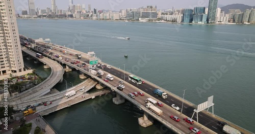North Point, Hong Kong  - March 2, 2021 : Car traffic at rush hour  on Island Eastern Corridor which is an expressway built along the northeastern shore of Hong Kong Island