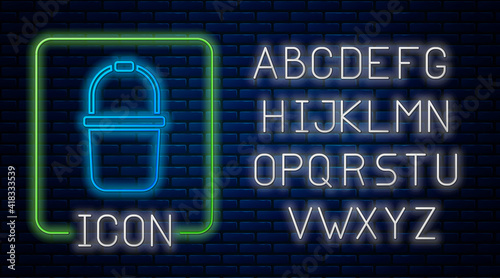 Glowing neon Sauna bucket icon isolated on brick wall background. Neon light alphabet. Vector.