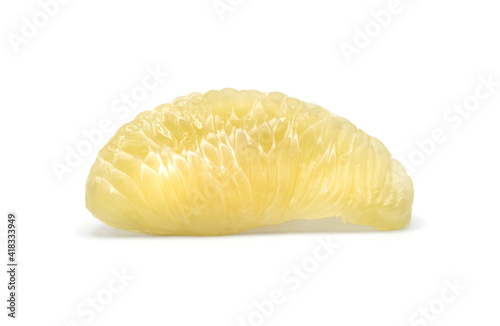 Fresh and peeled pomelo isolated on white background. Slice of shaddock, grapefruit, citrus seasonal fruit.