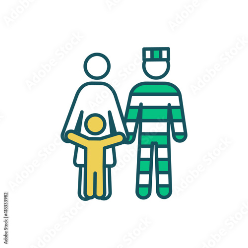 Prisoner family support RGB color icon. Raising kid with parent in prison. Imprisonment influence on family relationships. Ex-prisoner support. Coping with incarceration. Isolated vector illustration