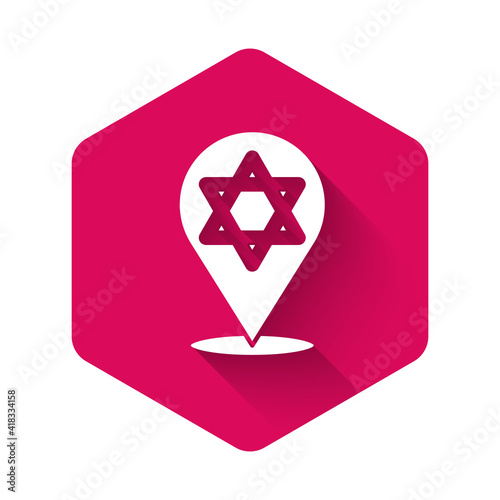 White Star of David icon isolated with long shadow background. Jewish religion symbol. Symbol of Israel. Pink hexagon button. Vector.