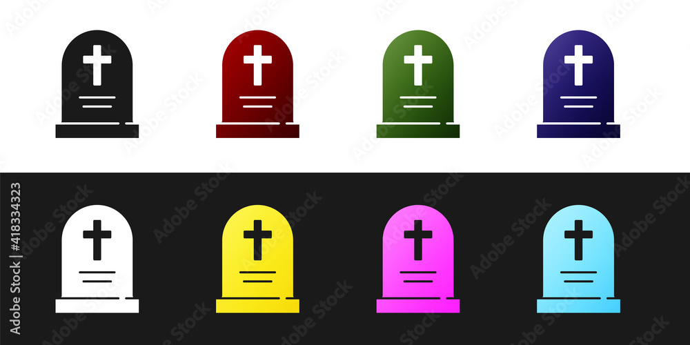 Set Tombstone with cross icon isolated on black and white background. Grave icon. Happy Halloween party. Vector. Set Tombstone with cross icon isolated on black and white background. Grave icon. Happy Halloween party. Vector.