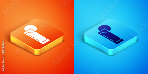 Isometric Tequila glass with lemon icon isolated on orange and blue background. Mexican alcohol drink. Vector.