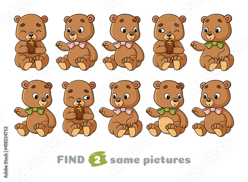 Set of cute teddy bears.  Find two same pictures. Educational game for children. Cartoon vector illustration.