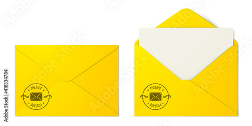 Set of folded and unfolded yellow mail envelopes with a postage service stamp isolated on the white background. Postal folder vector mockup.