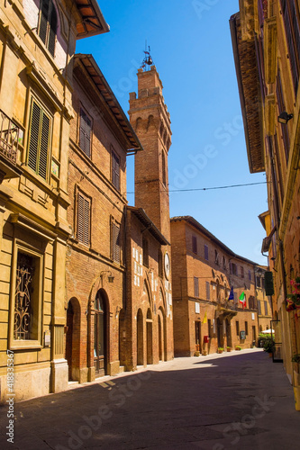 A quiet residential back street in the historic medieval village of Buonconvento, Siena Province, Tuscany, Italy 