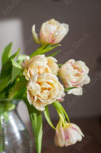 Bouquet of tulips in glass vase under the table. Copy space.