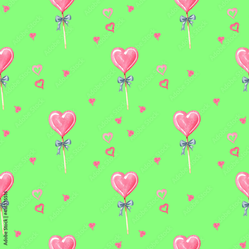 Seamless pattern of watercolor heart on a green background for prints on fabric, paper, clothes