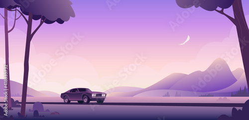 The car drives along the highway against the background of the river plain and mountains. Travelling by car. © Vector_Vision