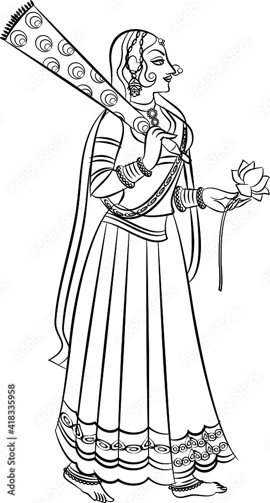 Lord's Gopika, Sevika, or lady servants in Indian mythology. who serves God. Wall painting in Rajasthan India. Kalamkari Lord's Gopika, Sevika, or lady servants in Indian mythology. who serves God. Wall painting in Rajasthan India. Kalamkari