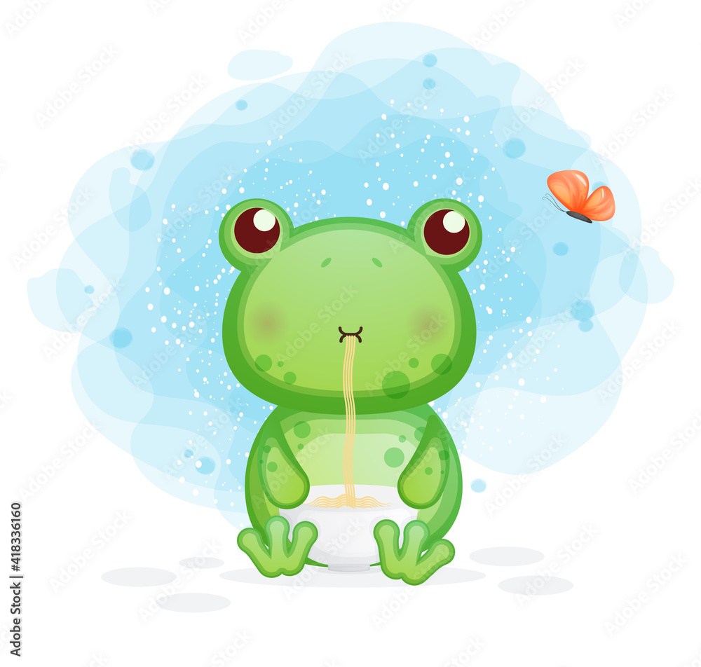 Obraz premium Cute frog eat noodle cartoon illustration. animal food Premium Vector