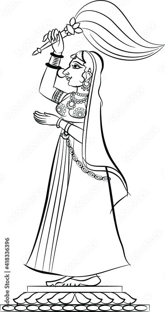 Lord's Gopika, Sevika, or lady servants in Indian mythology. who serves God. Wall painting in Rajasthan India. Kalamkari Lord's Gopika, Sevika, or lady servants in Indian mythology. who serves God. Wall painting in Rajasthan India. Kalamkari