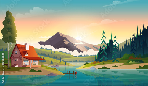 Clear turquoise mountain lake view. Rocky mountains on the river bank. 