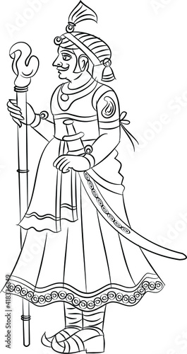 Dwarpal meaning doorkeeper in English. decoration adorning a gateway of the house. Traditional Rajasthani wall painting. For the marriage ceremony. India.