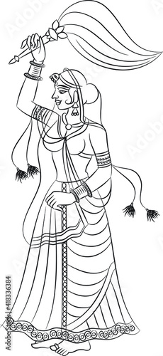 Lord's Gopika, Sevika, or lady servants in Indian mythology. who serves God. Wall painting in Rajasthan India. Kalamkari