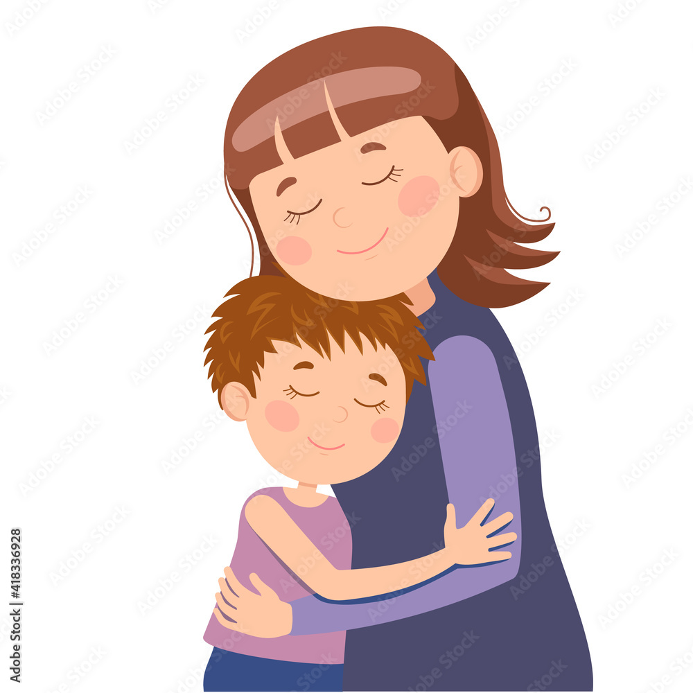 Vector illustration, happy hugs of mom and son, sincere love of children for mom. Suitable for web design, children's books, congratulations on Mother's Day, International Day on March 8. Vector illustration, happy hugs of mom and son, sincere love of children for mom. Suitable for web design, children's books, congratulations on Mother's Day, International Day on March 8.