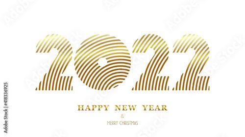 Congratulatory banner Happy New Year 2022. The golden numbers of the year consist of fragments of eccentric circles.