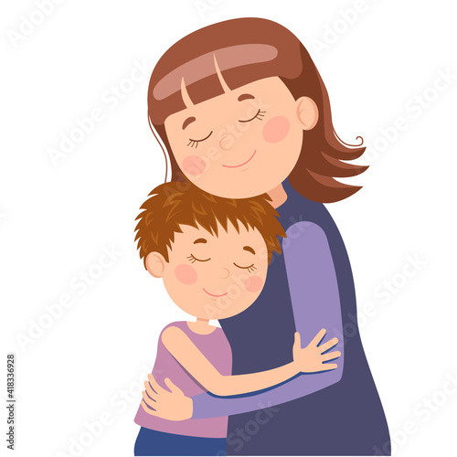Vector illustration, happy hugs of mom and son, sincere love of children for mom. Suitable for web design, children's books, congratulations on Mother's Day, International Day on March 8.