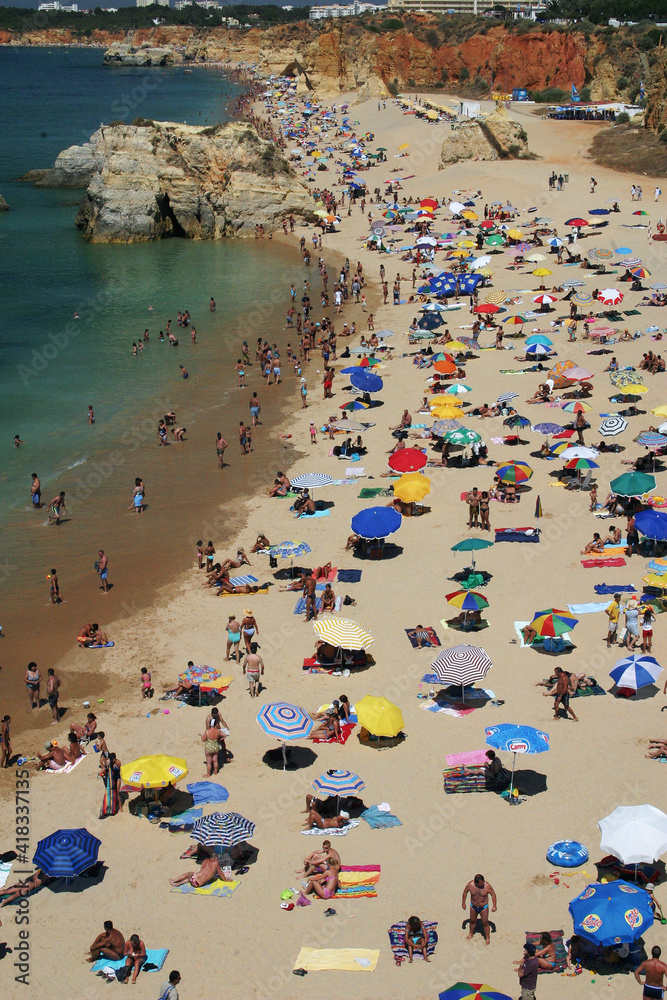 Vertical view of beach in the Algarve area of Portugal on fine day