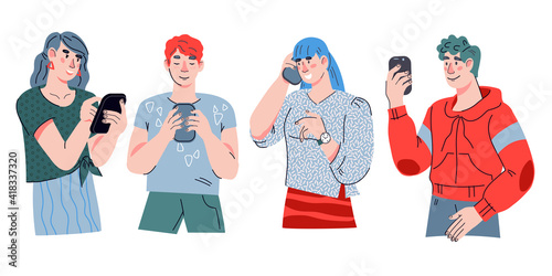 Chat and social media concept illustration of young people using mobile phones for texting messages via internet. Men and women using cell phones, cartoon vector illustration isolated on background.
