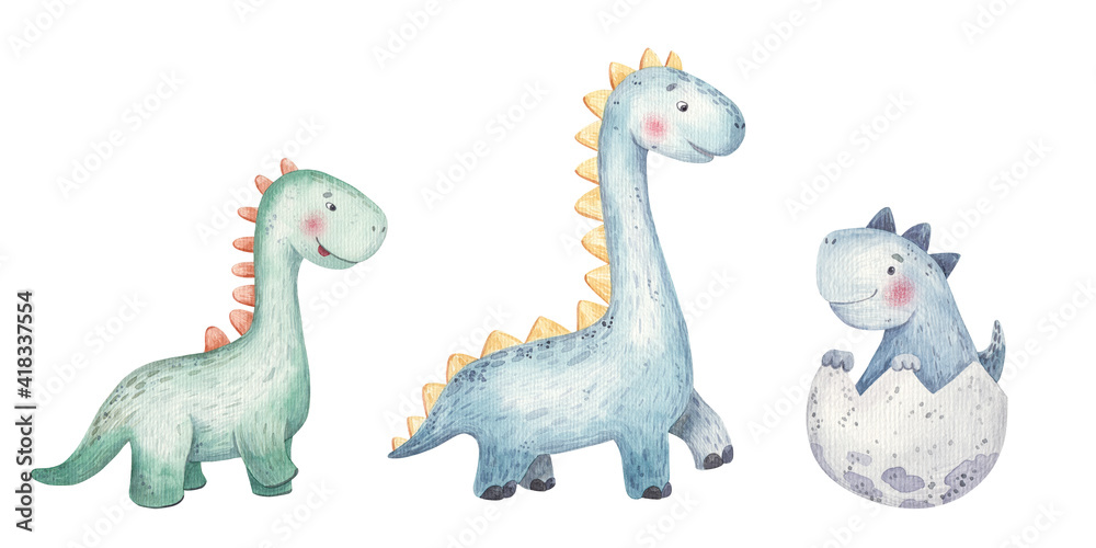 set of cute   dinosaurs, cute watercolor baby illustration