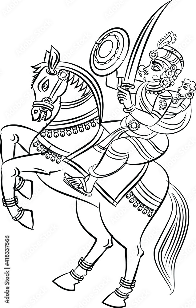 Fototapeta premium Traditional Indian or Rajasthani wall painting of worrier queen with her kid. Kalamkari or Rajasthani&nbsp;painting style, India.