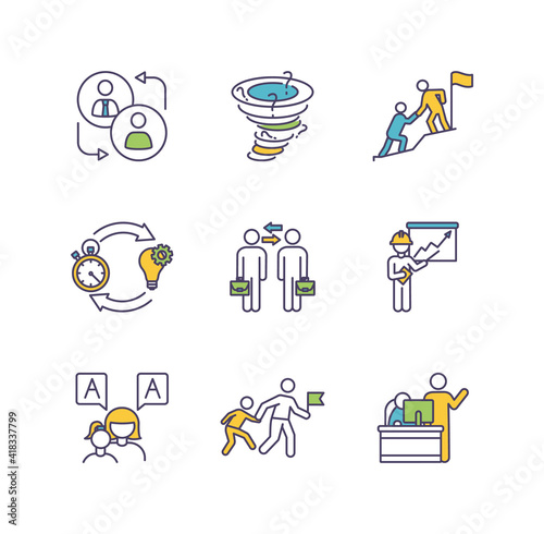 Mentoring RGB color icons set. Employment relationship. Rapid ideation. Supervision. Coaching, partnership. Collaboration in workplace. Career development. Brainstorming. Isolated vector illustrations