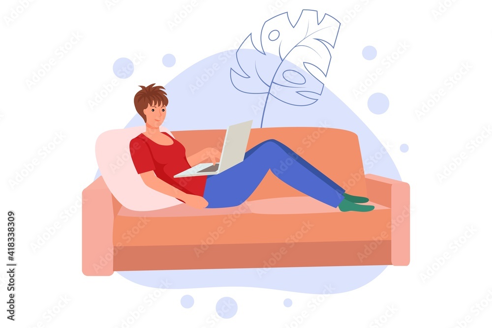 The freelancer is sitting at home, in self-isolation. The girl works on the computer, reads during 
quarantine. Work, leisure, and hobbies in isolation. Vector illustration in a flat cartoon style.