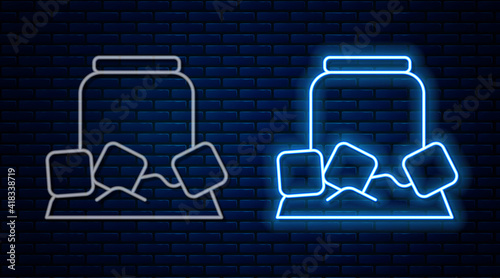Glowing neon line Cold beer can icon isolated on brick wall background. Vector.