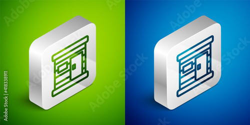 Isometric line Sauna wooden bathhouse icon isolated on green and blue background. Heat spa relaxation therapy bath and hot steam healthcare, relax therapy. Silver square button. Vector.