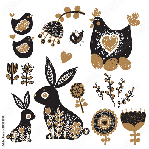 Cute Easter set. Hen hen, chickens, rabbits, flowers, Easter cake, eggs. Linear illustration.