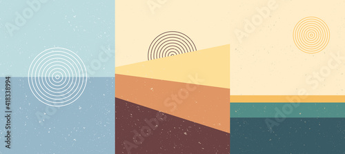 Vector illustration. Mid century modern. 20s retro funky graphic. Grunge texture. Minimalist landscape set. Abstract shape. Design elements for home interior poster, book cover, postcard. Nature scene
