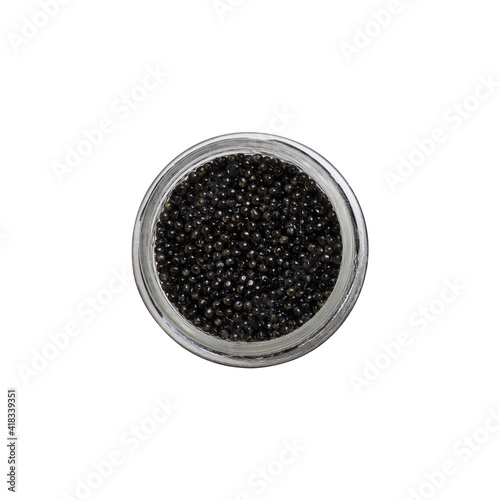 natural grainy salted black caviar in glass jar isolated on white without shadow