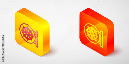 Isometric line Dharma wheel icon isolated on grey background. Buddhism religion sign. Dharmachakra symbol. Yellow and orange square button. Vector.