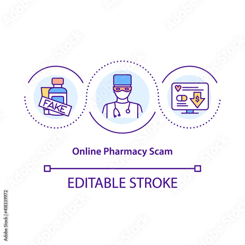 Online pharmacy scam concept icon. Purchase unsafe drug. Lose money on fake pills. Financial internet fraud idea thin line illustration. Vector isolated outline RGB color drawing. Editable stroke