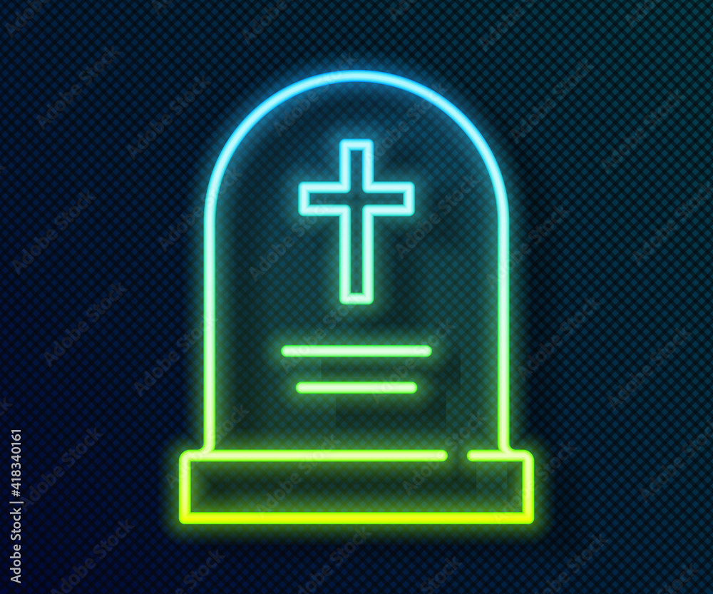Glowing neon line Tombstone with cross icon isolated on black background. Grave icon. Happy Halloween party. Vector. Glowing neon line Tombstone with cross icon isolated on black background. Grave icon. Happy Halloween party. Vector.