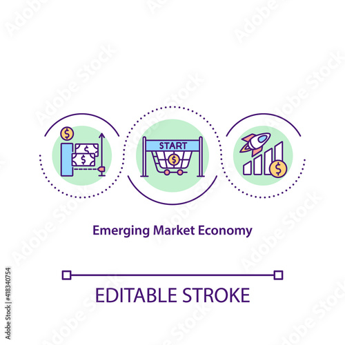 Emerging market economy concept icon. Pricing of goods and services guided by citizens and businesses. Covid idea thin line illustration. Vector isolated outline RGB color drawing. Editable stroke