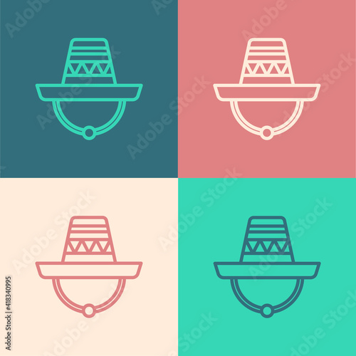 Pop art line Traditional mexican sombrero hat icon isolated on color background. Vector.
