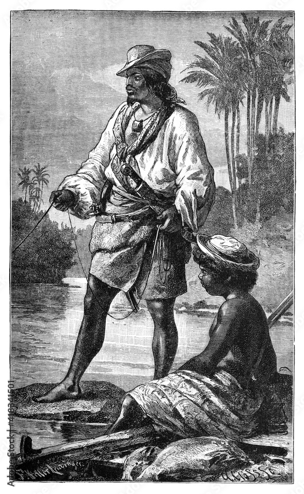 Multiracial workers from Brazil. Culture and history of South America. Vintage antique black and white illustration. 19th century.