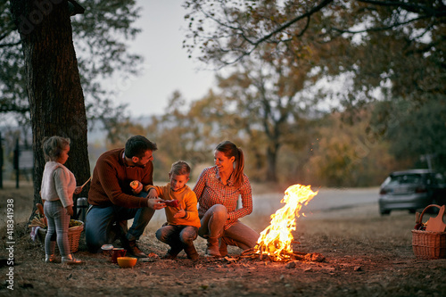 Family on picnic in wood light fire